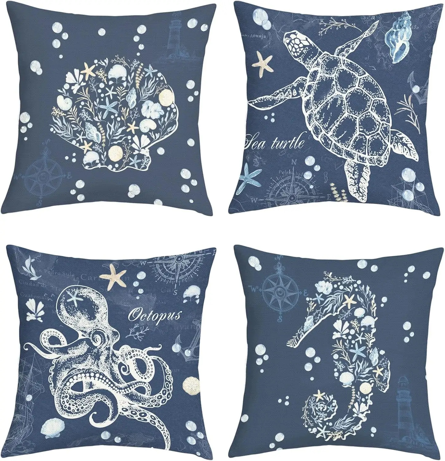 4pcs Sea Turtle Octopus Seahorse Shell Marine Printed Pillow Cover Polyester Cushion Case 2D Flat Nautical Ocean Decor Now