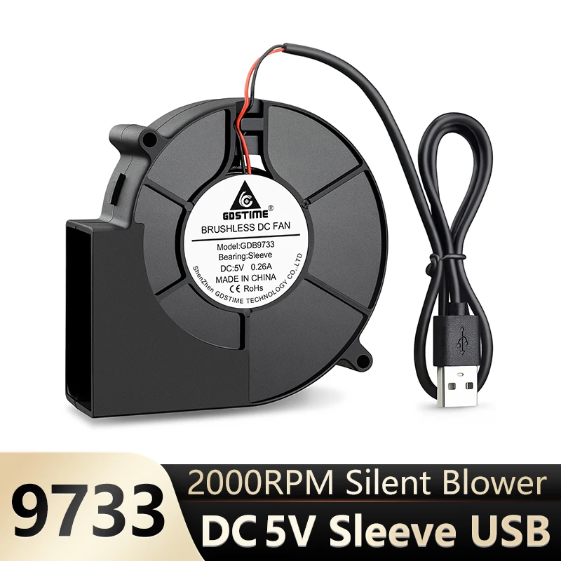 

Gdstime DC 9733 5V USB Blower Fan 97mm 97 x 33mm 2000RPM Sleeve Bearing Low Noise Blower for Cabinets BBQ Centrifugal Turbo Fan