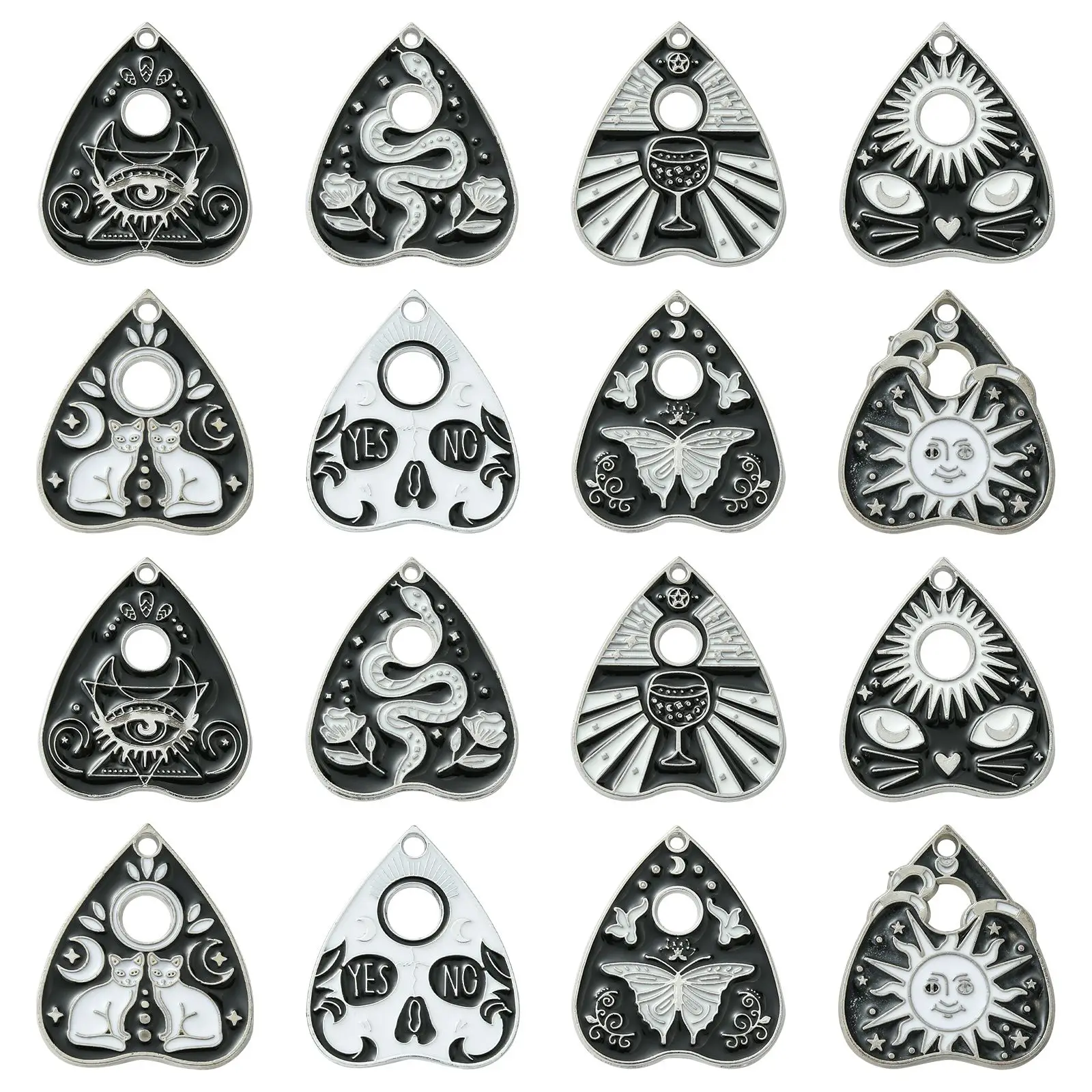 Pandahall 40Pcs 8 Styles Enamel Black and White Heart Board Charms Gothic Skull Cat Tarot Charms for Halloween Jewelry Making