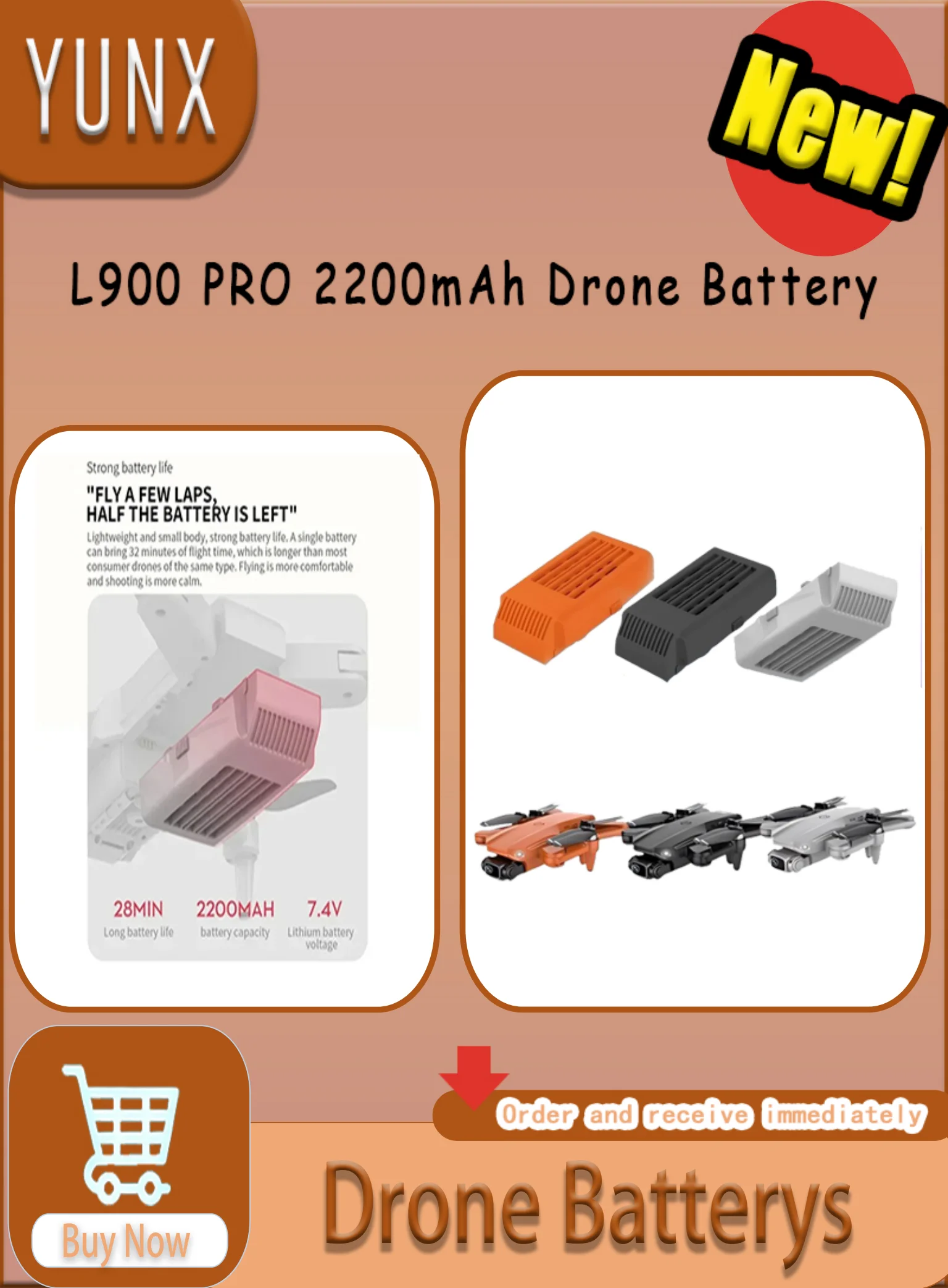 YUNX 7.4V 2200mAh Li-ion Battery for L900 pro 4K GPS RC Drone Quadcopter FPV Camera Spare Part - High Capacity Drone Battery