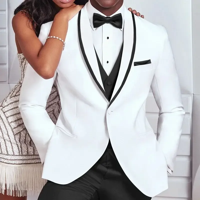 

White and Black Wedding Tuxedo for Groom 3 Piece Slim Fit Men Suits Man Fashion Costume Jacket with Pants Vest New Arrival