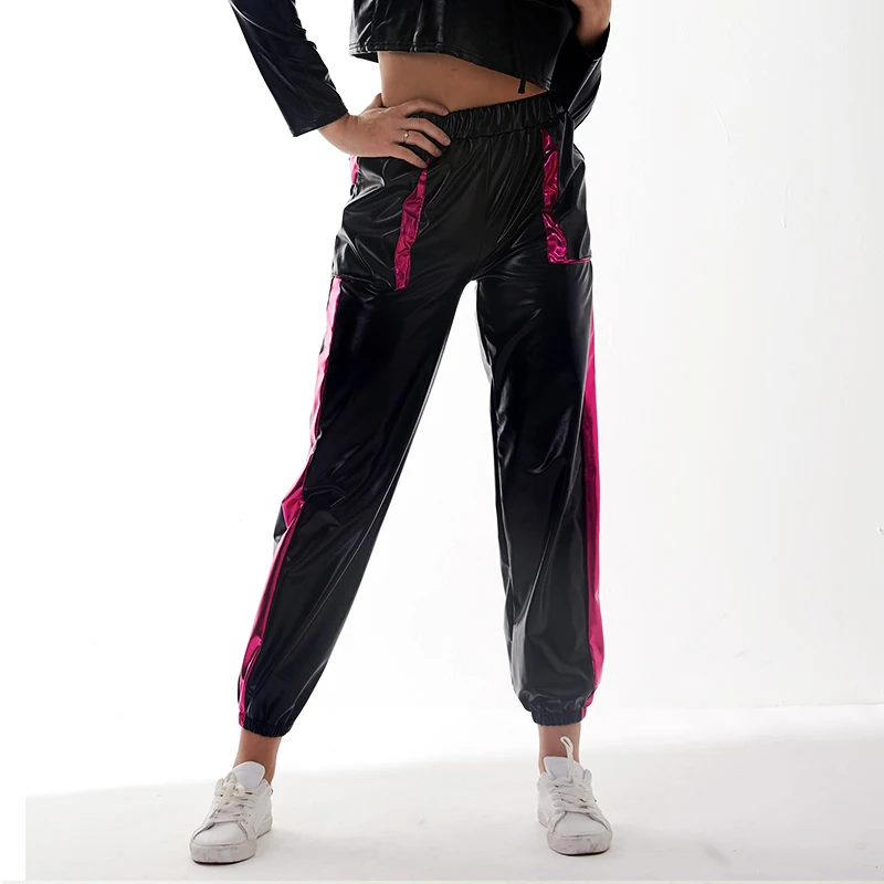 Women Shiny Patchwork Joggers Trousers Metallic Sweatpants Party Hip Hop Pants Holographic Jazz Dance Performance Street Wear