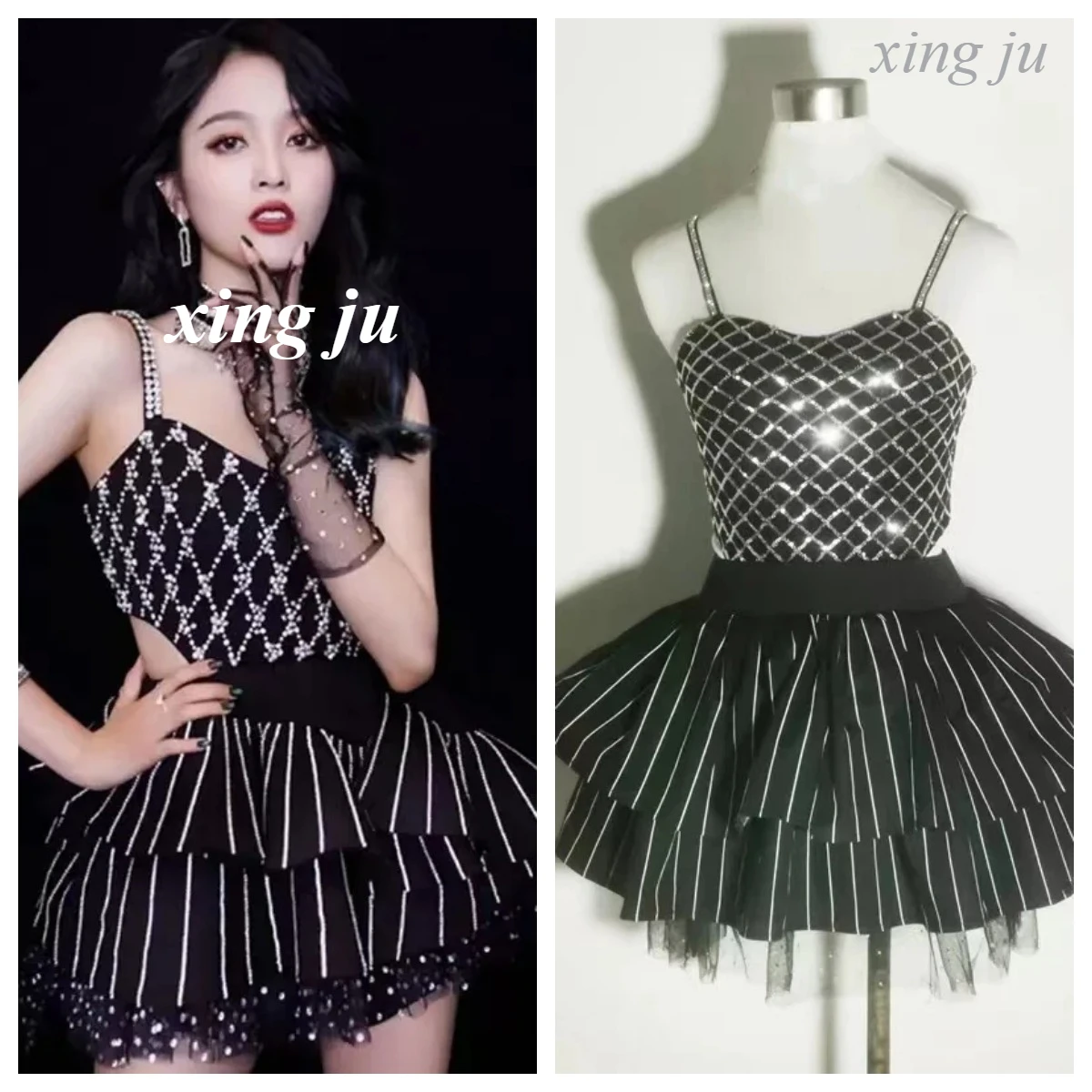 

Kpop Female DJ Stage Performance Dance Jazz Outfits Korean Singer Women Nightclub Sexy Halter Crop Top Black Shiny Fluffy Skirt