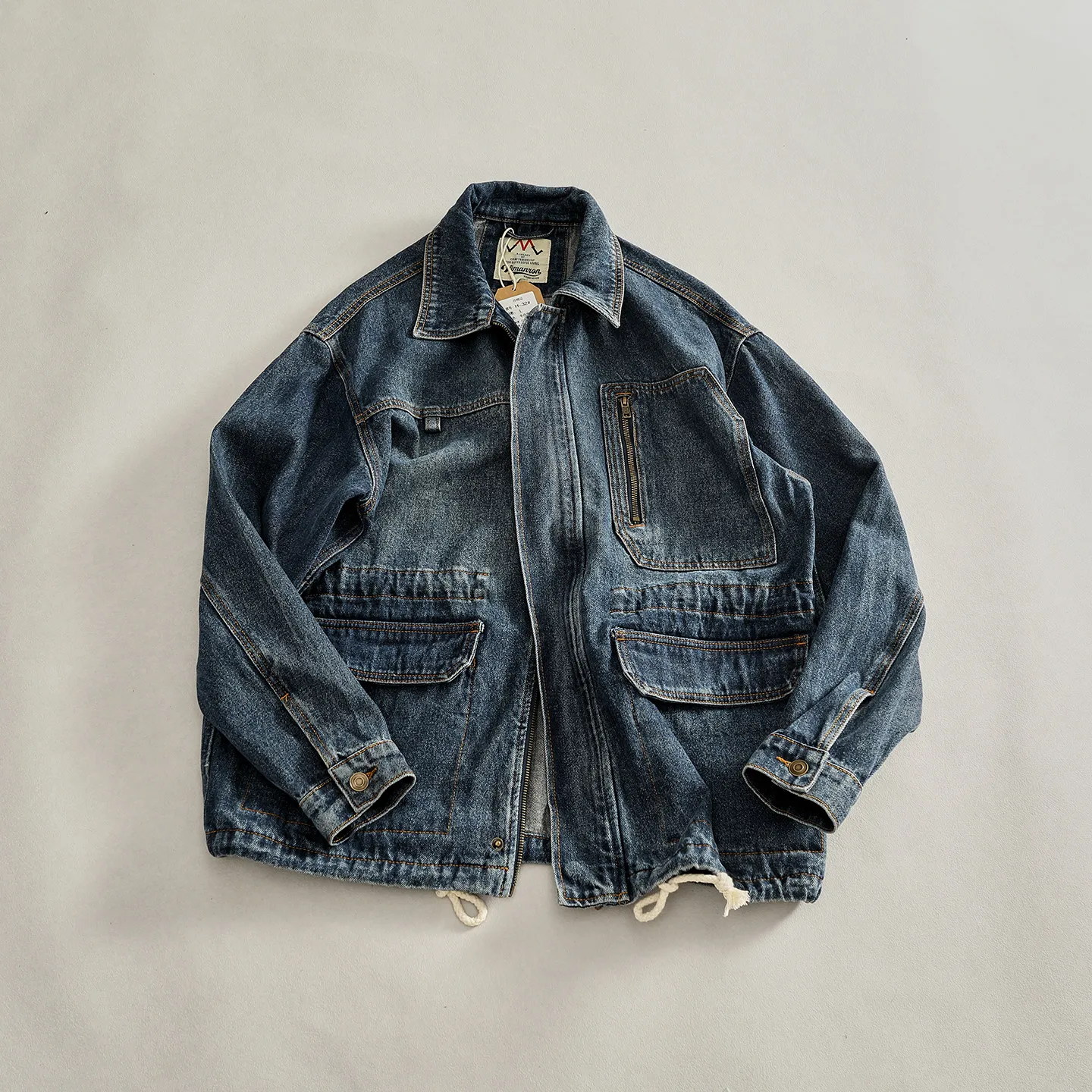 Autumn New American Retro Heavyweight Denim Cargo Jacket Men's Fashion Multiple Pockets 92% Cotton Washed Loose Casual Outerwear