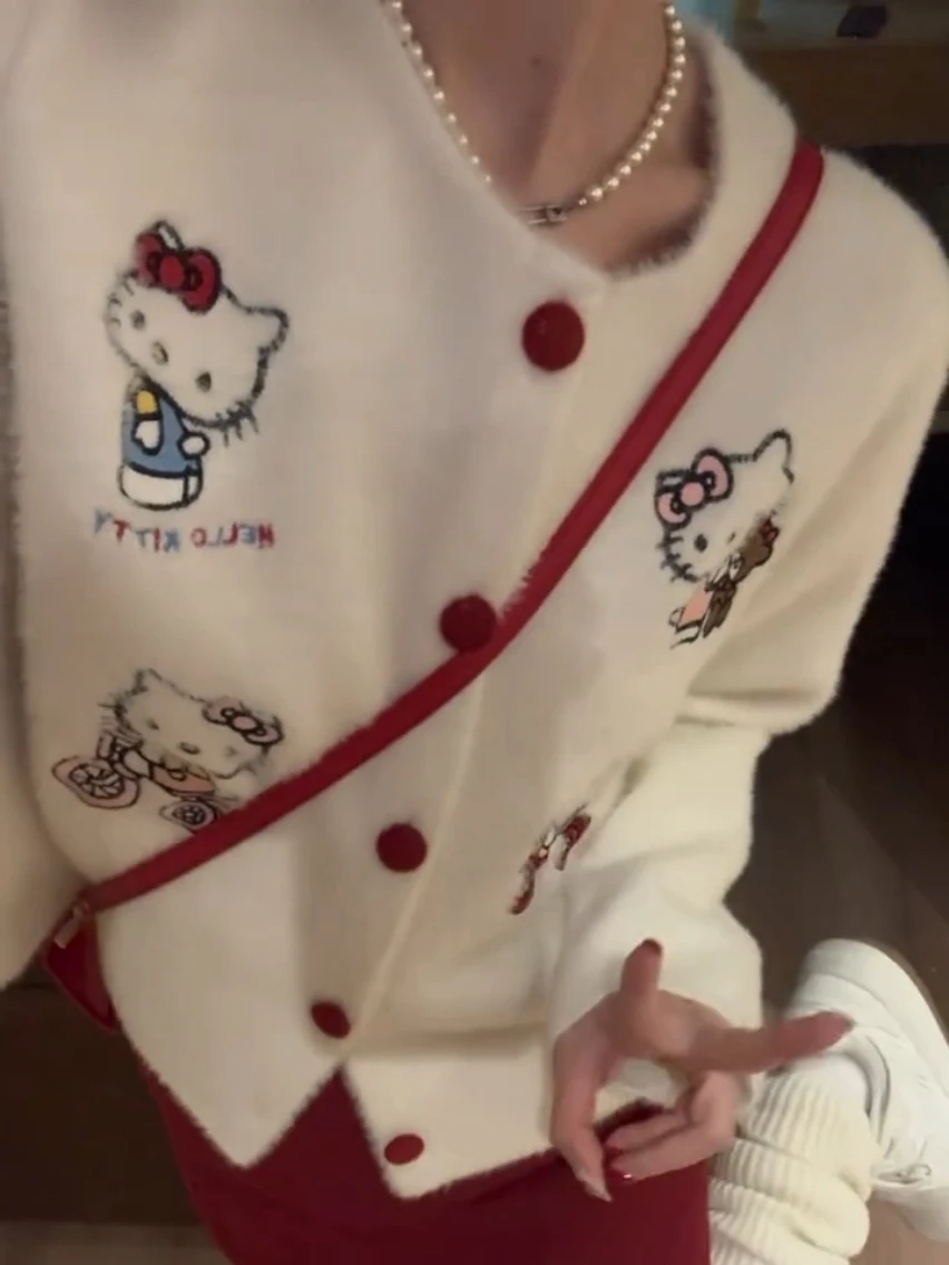 سترة كرتونية مطرزة بياقة مستديرة وكارديجان مفتوح محبوك للنساء بأسلوب كسول يناسب جميع الإطلالات لموسم الخريف والشتاء إصدار جديد