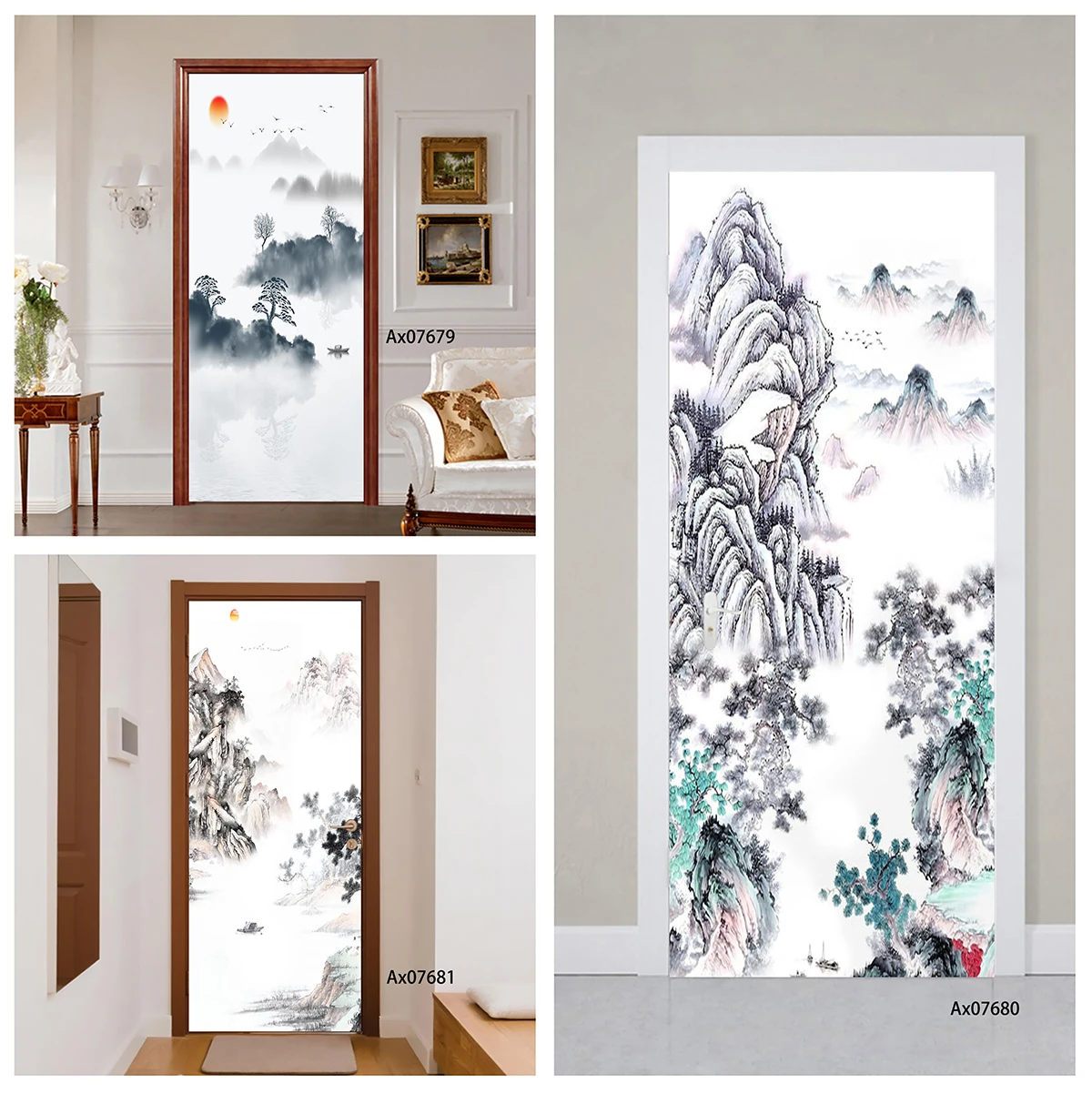 Door Decal Waterproof Removable Chinese Ink Misty Mountain Sunrise Pine Boat Bird Sticker Home Entry Door Decor Self Adhesive