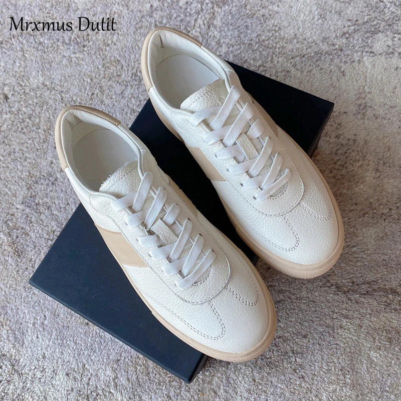 Mrxmus Dutit 2024 Spring Autumn New Fashion Women Striped Genuine Leather Lacing Flats Shoes Wild Casual Simple Sneaker Female