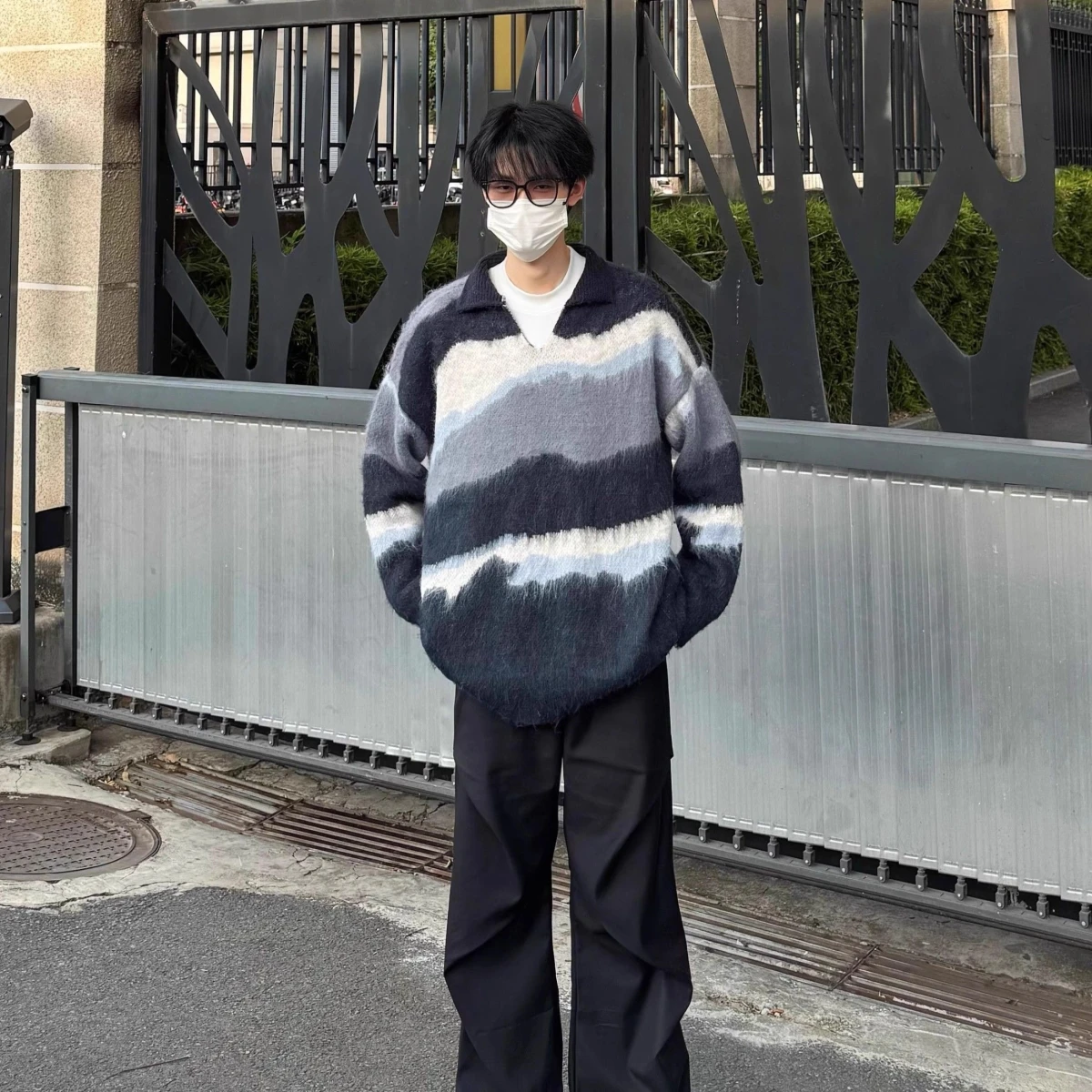 

American Retro V-Ne Knitted Sweater Men's Autumn Winter Loose Long Sve Collar Casual Top Youth Vitali Sle