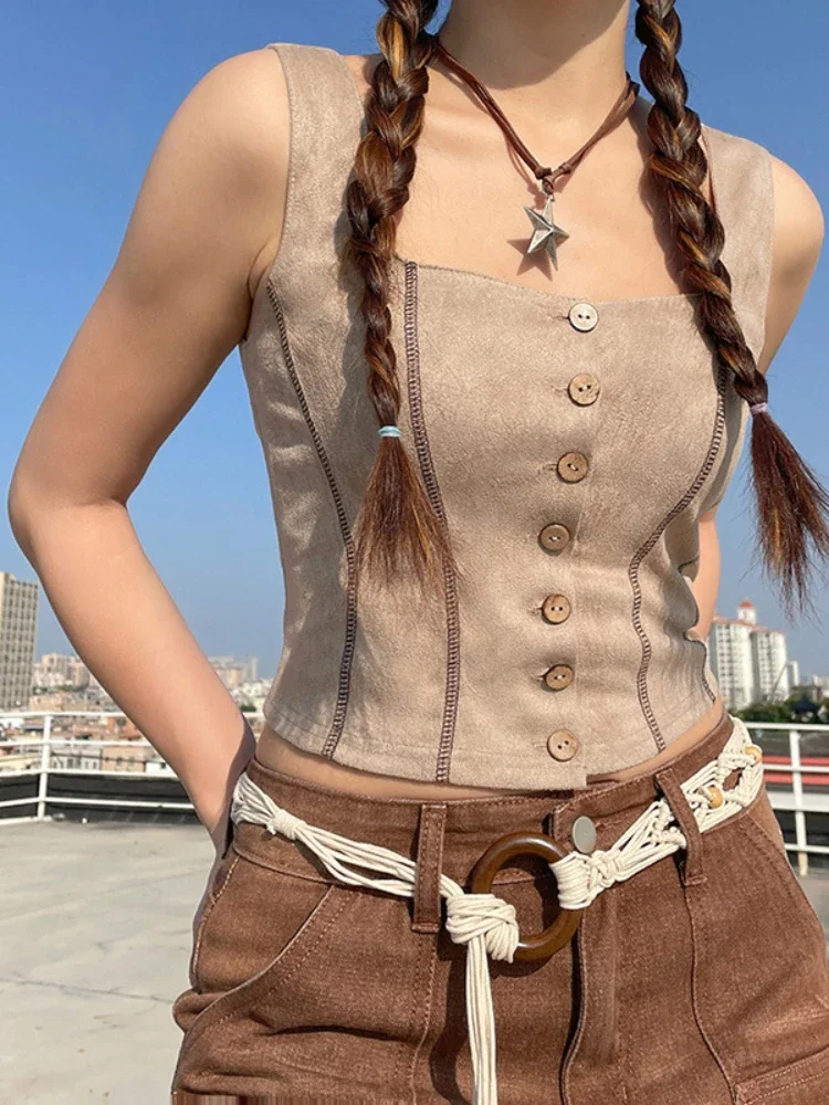 

Khaki Color Tank Top Splice Crop Top Women Streetwear Button Y2k Clothes Sleeveless Ropa De Mujer Square Collar Camison Verano