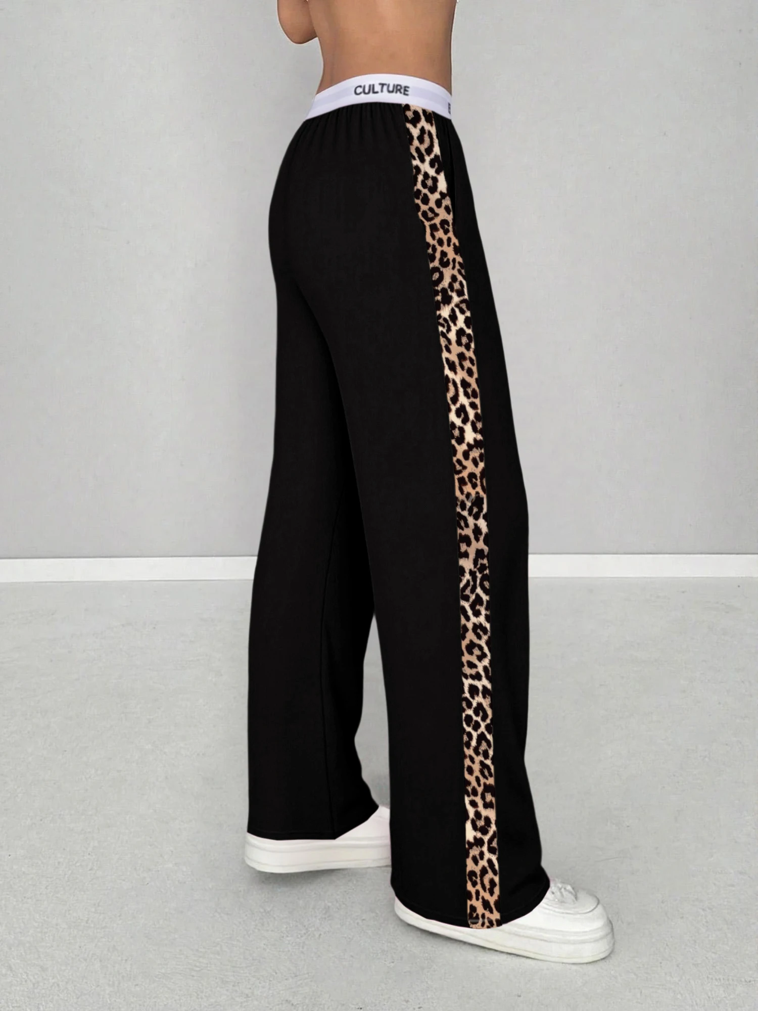 2026 Neu Heißer Verkauf Damen Leopardenmuster Seitenstreifen Weite Hose Lässige High-Waist Hose mit Schriftzug-Bund Lockerer Streetwear-Stil – Detail 19