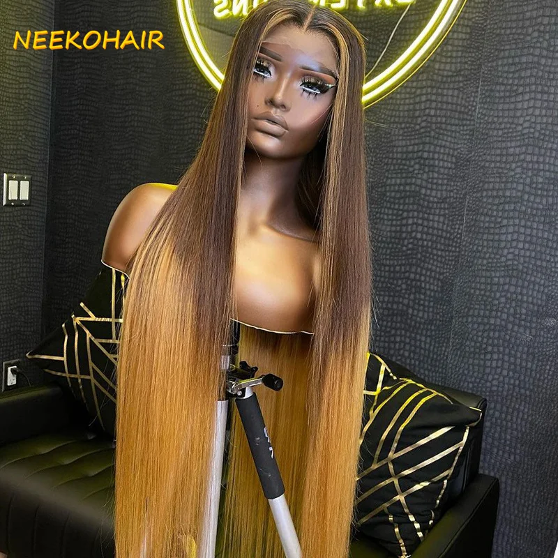 13x6 HD 4/27 Stripe Human Hair Lace Front Wig Pre Plucked Ombre 4-27 Brown-Honey Blonde Colored 13x4 Lace Frontal Wigs For Women