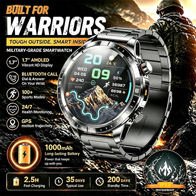 Men Rugged Smart Watch 1.7" 360*360 Bluetooth Call 1000mAh LED Flashlight Compass Heart Rate Sports Smartwatch For Android IOS