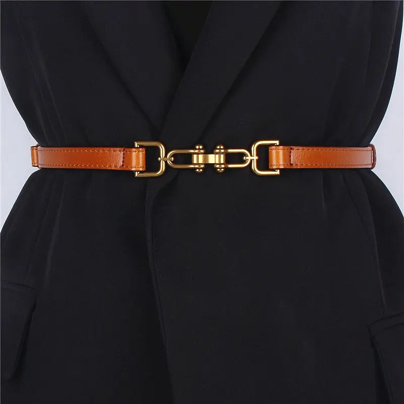 New Adjustable Cowhide Buckle Thin Waistband for Women's Versatile Decorative Dress Accessories Real Belt Waist Chain for Women