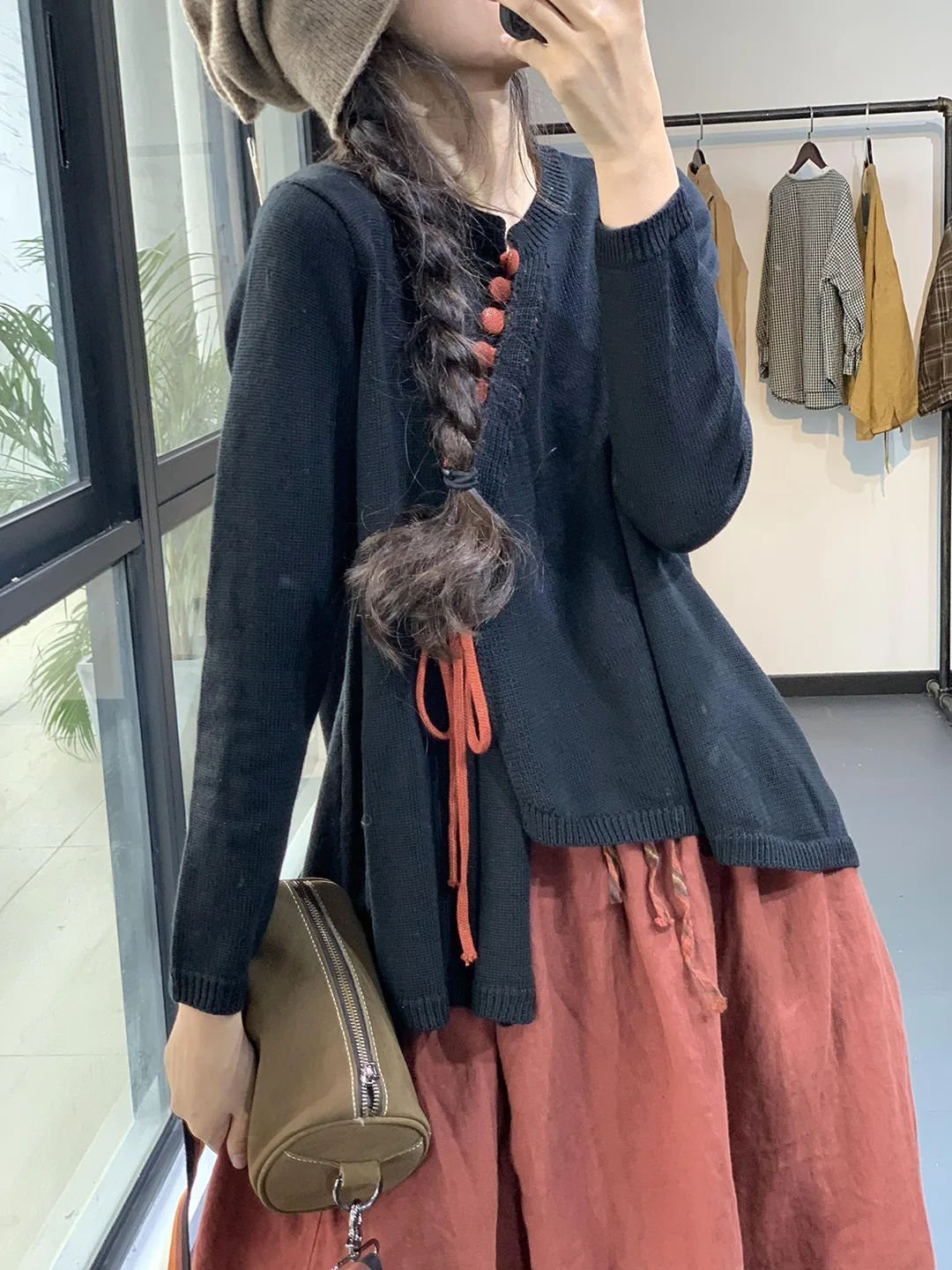 Autumn Winter New Style Artistic Retro National Wind Irregular Color Block Knitted Sweater Women High Sense Long Sleeve round...