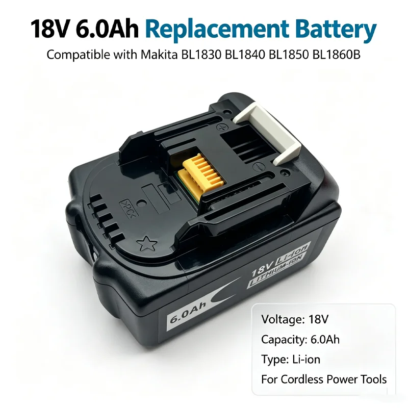 18V 6.0Ah Li‑ion Replacement Battery for Makita BL1830 BL1840 BL1850 BL1860B, Compatible with 18V LXT Cordless Power Tools
