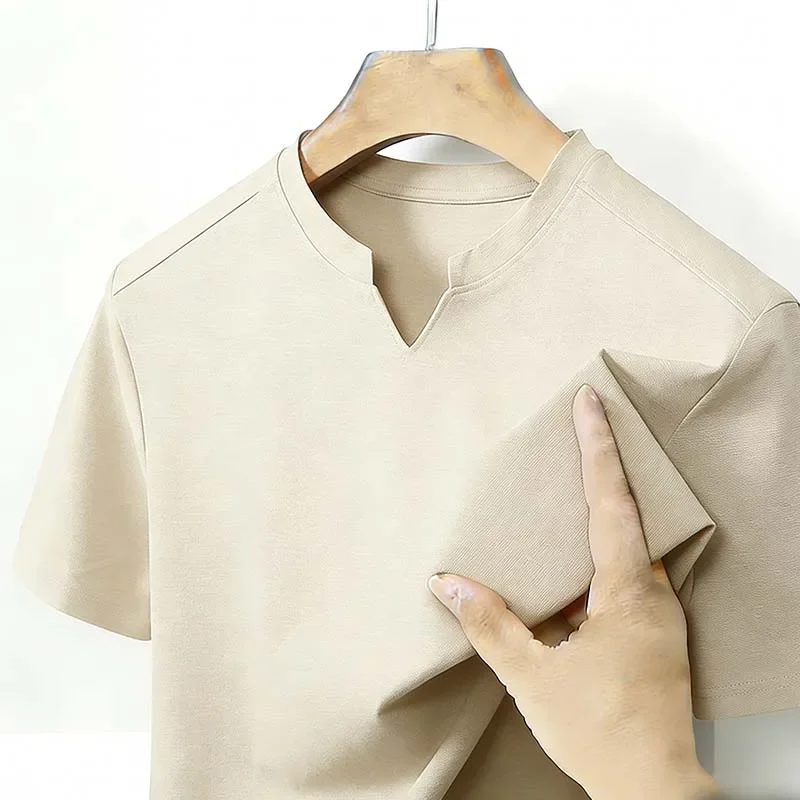 Men's Stand Collar V Notch Short Sleeve T-shirt Casual Business Gray Top for Daily Wear