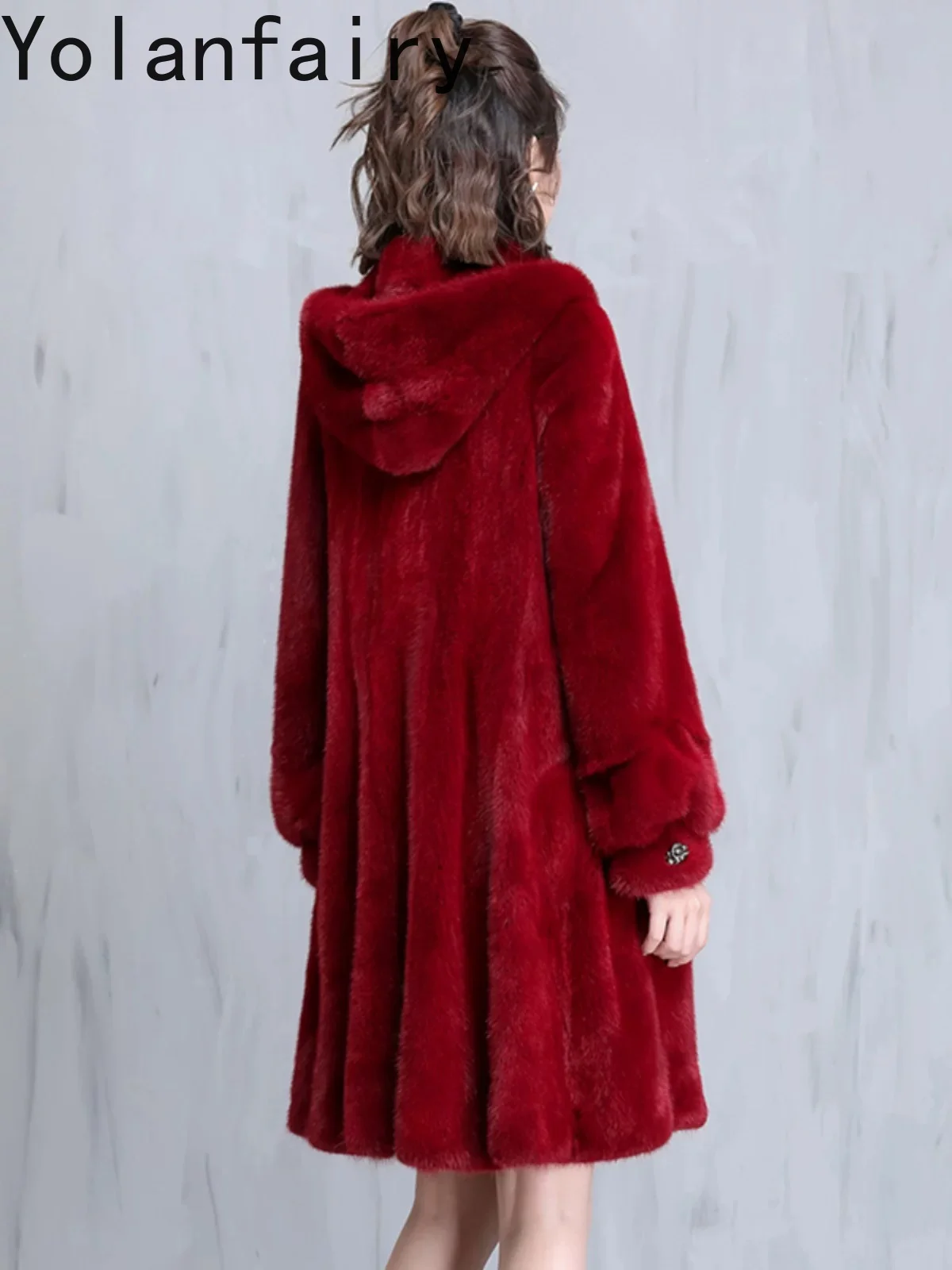 YOLANFAIRY Women's Real Whole Mink Fur Coat with Hood 100% Natural Fur Jacket Skirt Style Hem Overcoat Winter Outerwear casaco