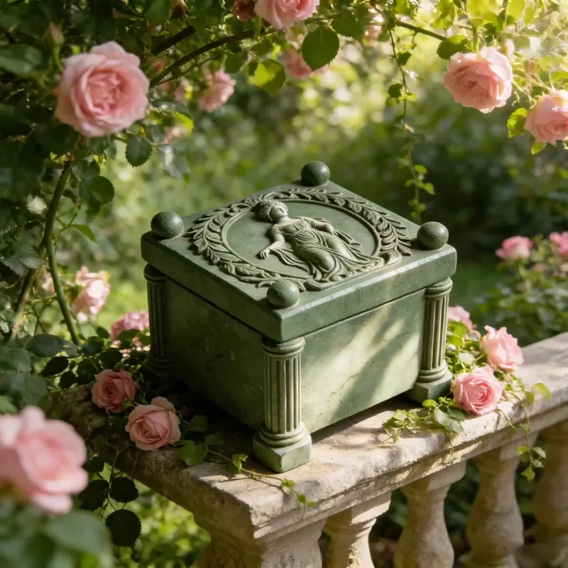 Vintage French Rose Garden Resin Storage Box Hand Painted Green Patina Classical Relief Decorative Container for Terrace Home