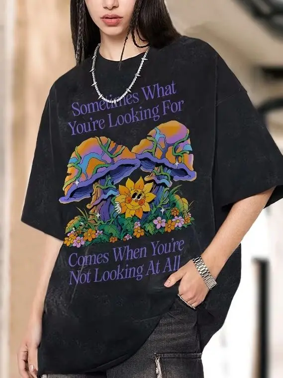 

Contrasting Color Cotton T-Shirt Mushroom Sunny Gui Flower Letter Print High Gram Weight Round Neck Shoulder Short Sleeve