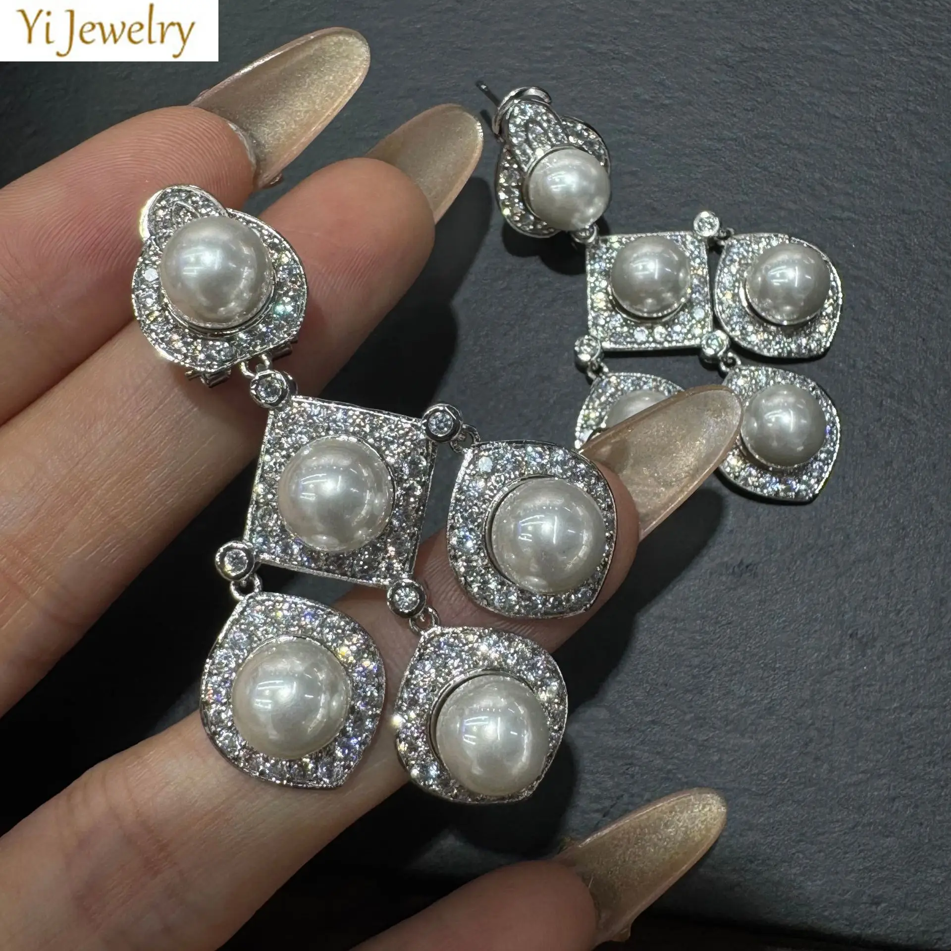 

pearl zirconia earrings for women shiny luxury jewelry wedding dinner party anniversary gift silver color dangling earrings