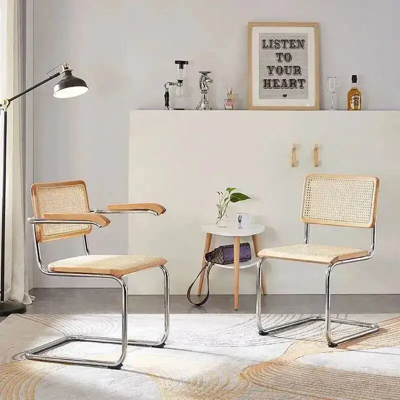 Iron New Nordic Style Light Office Chair Retro Armrest Rattan Chair Simple Study Luxury Backrest Office Solid Wood Dining Chairs