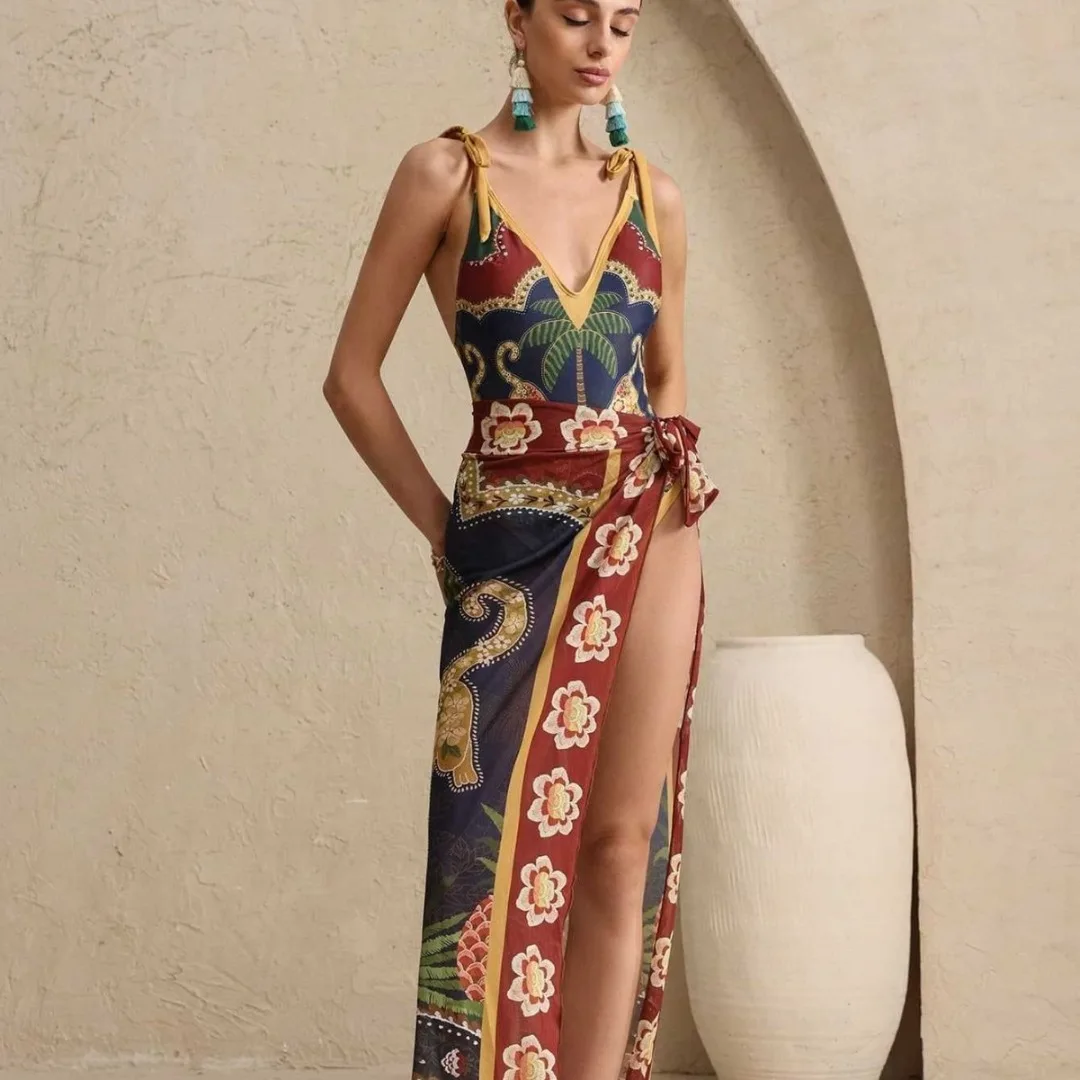 S - XL Neu mit Rock, tiefem V-Ausschnitt, bedruckter Einteiler-Badeanzug, Damen-Bademode, gepolsterter Badeanzug, Badeanzug, Schwimmanzug V8498 – Detail 3