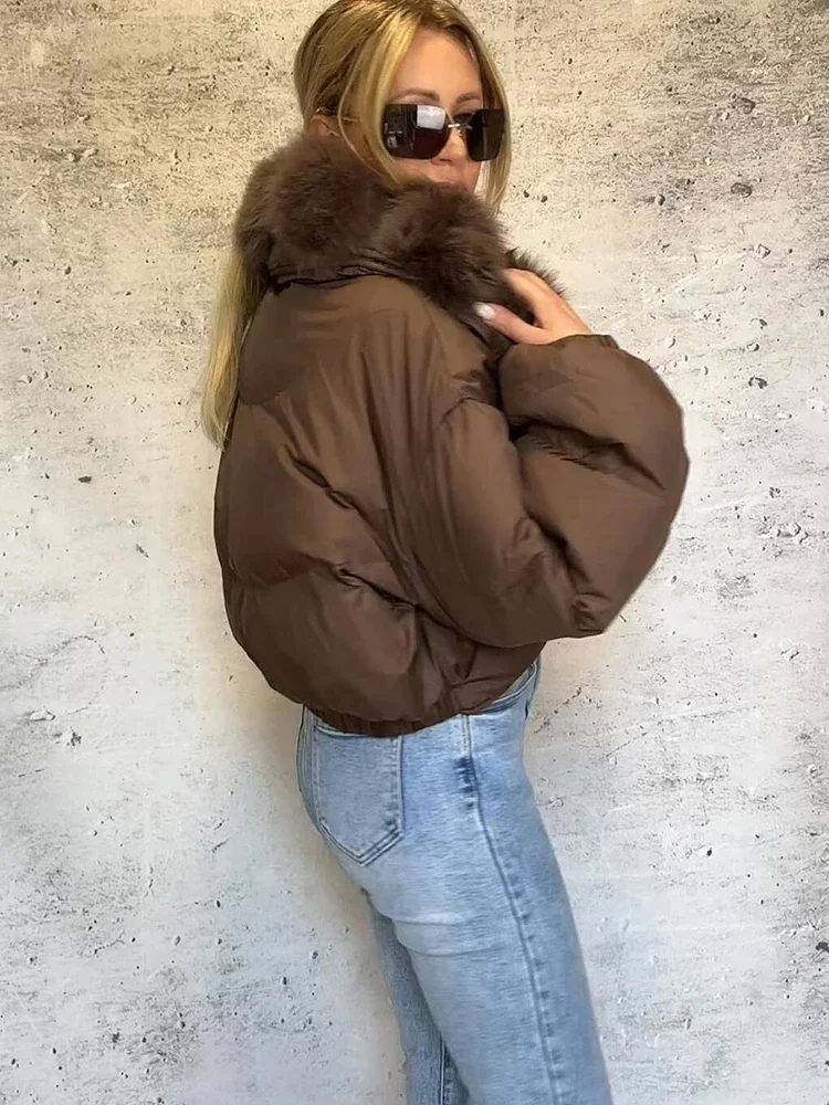 Luxuriöser, dicker Kunstfuchspelzkragen, kurzer Puffermantel für Damen, übergroßer Reverskragen, Reißverschluss, kurze, warme, winddichte Winterjacke. – Detail 7