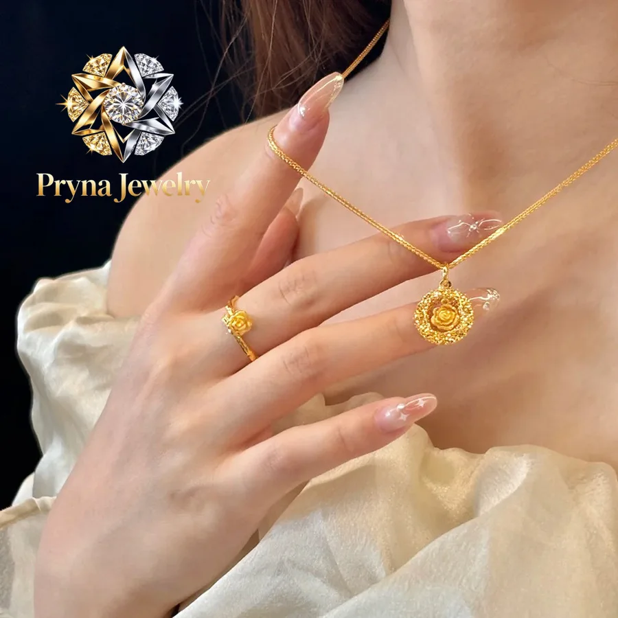 Pryna Jewelry  High-quality 9999 gold necklace for women's flashing rose garden 2025 new temperament hollow 24K high-end collarb