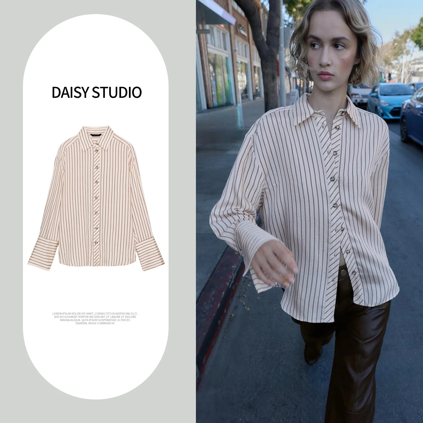 

Spring New Arrival Women's Commute Style Long Sleeve Loose Fit Shirt with Cuff Striped Turn-down Collar Polyester Fiber