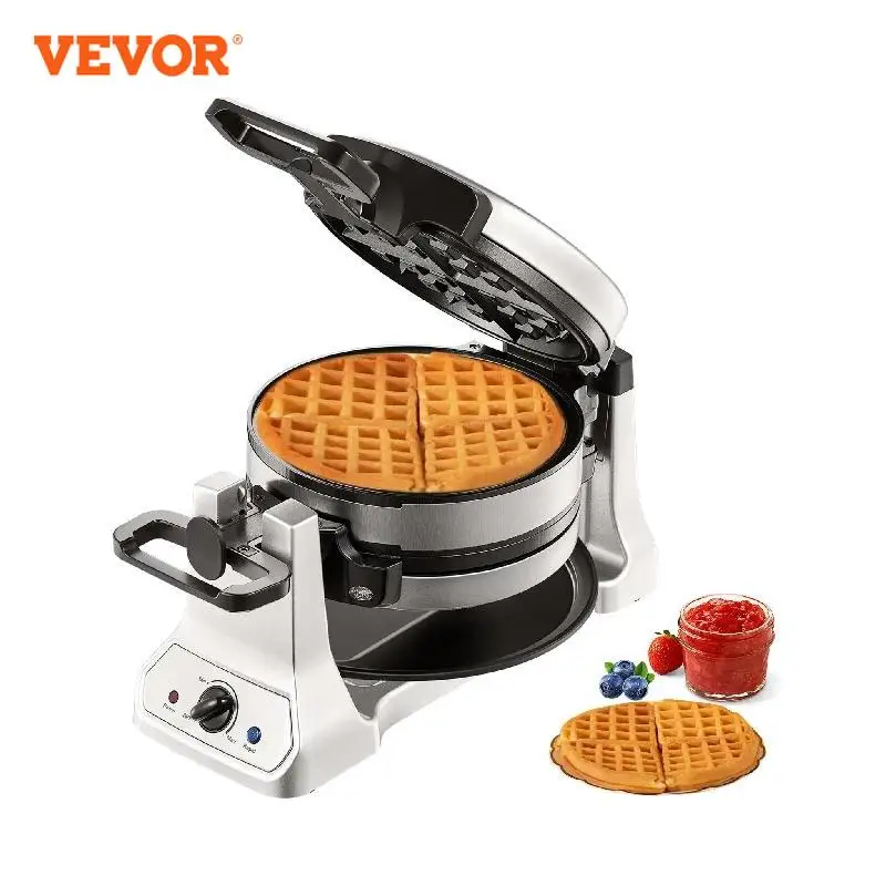 VEVOR 2-Layer Waffle Maker 1400W Round Waffle Iron Non-Stick Waffle Baker MachineTeflon-Coated Baking Pans Stainless Steel Body