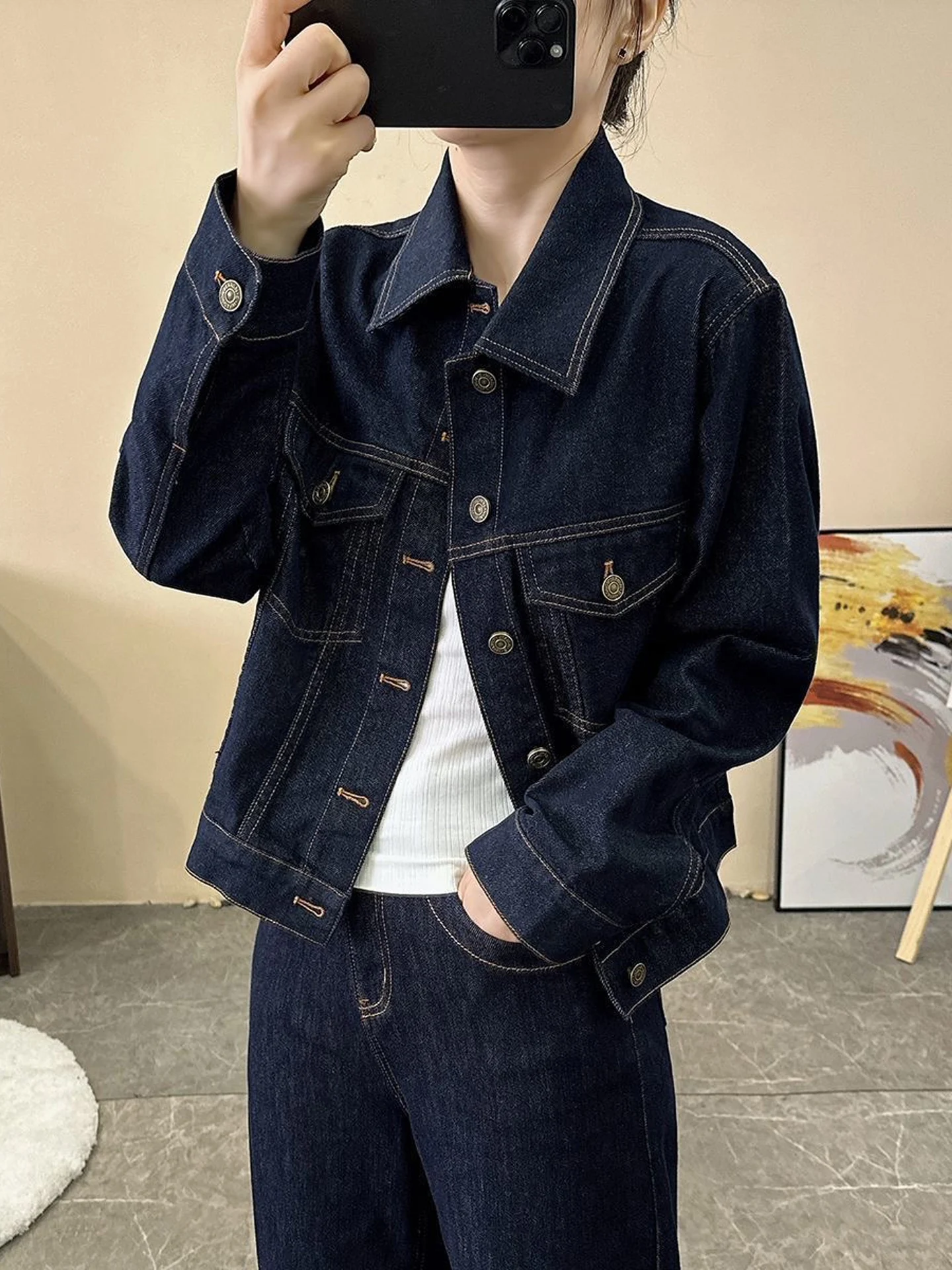 Washed Deep Blue Women's Denim Jacket Casual Short Style Retro Slim Fit Autumn New Arrival Button Embellished Casual Outerwear