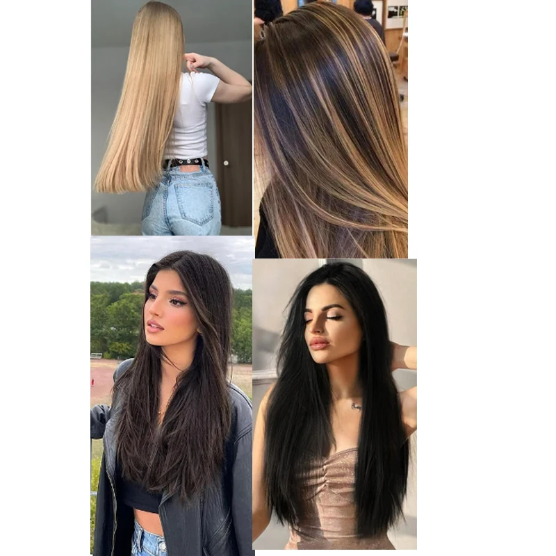 24 بوصة الاصطناعية كليب في وصلات الشعر 6 قطعة الشعر 16 كليب ملحقات طويلة مستقيمة على قطع الشعر للنساء الفتيات