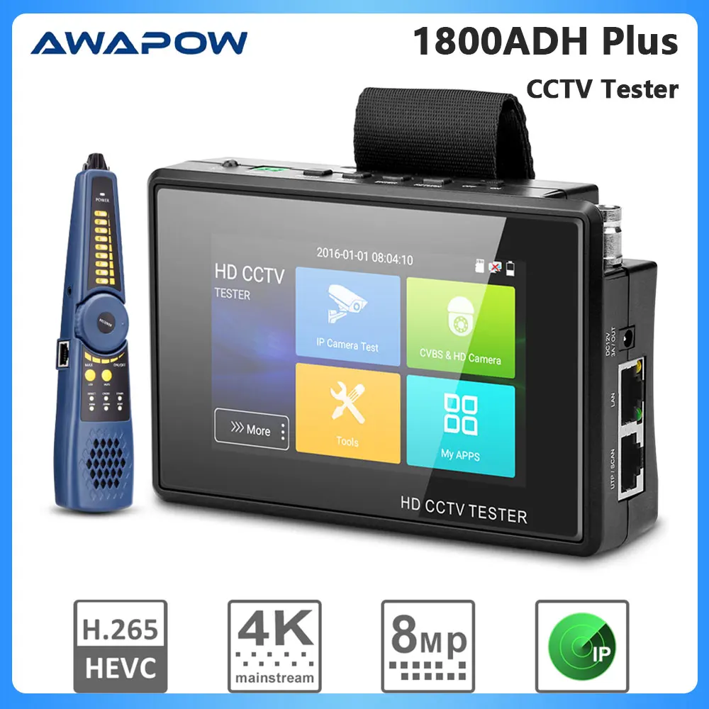 Awapow 1800ADH Plus CCTV Tester With Wire Tracker 4 Inch Wrist IP Camera Tester 4K H.265 IP CVBS CVI TVI AHD Analog Tester