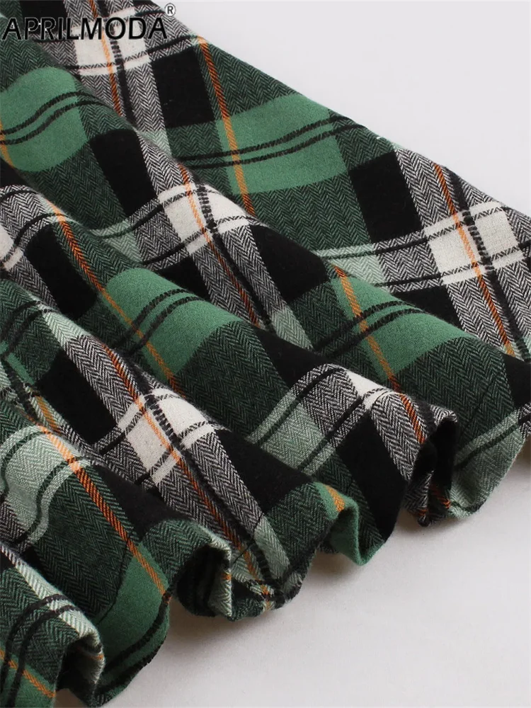 2024 Vintage 1950s Rockabilly Plaid Dresses Buttons Green Women Long Sleeve Autumn England Style Long Midi Dress Female Vestidos