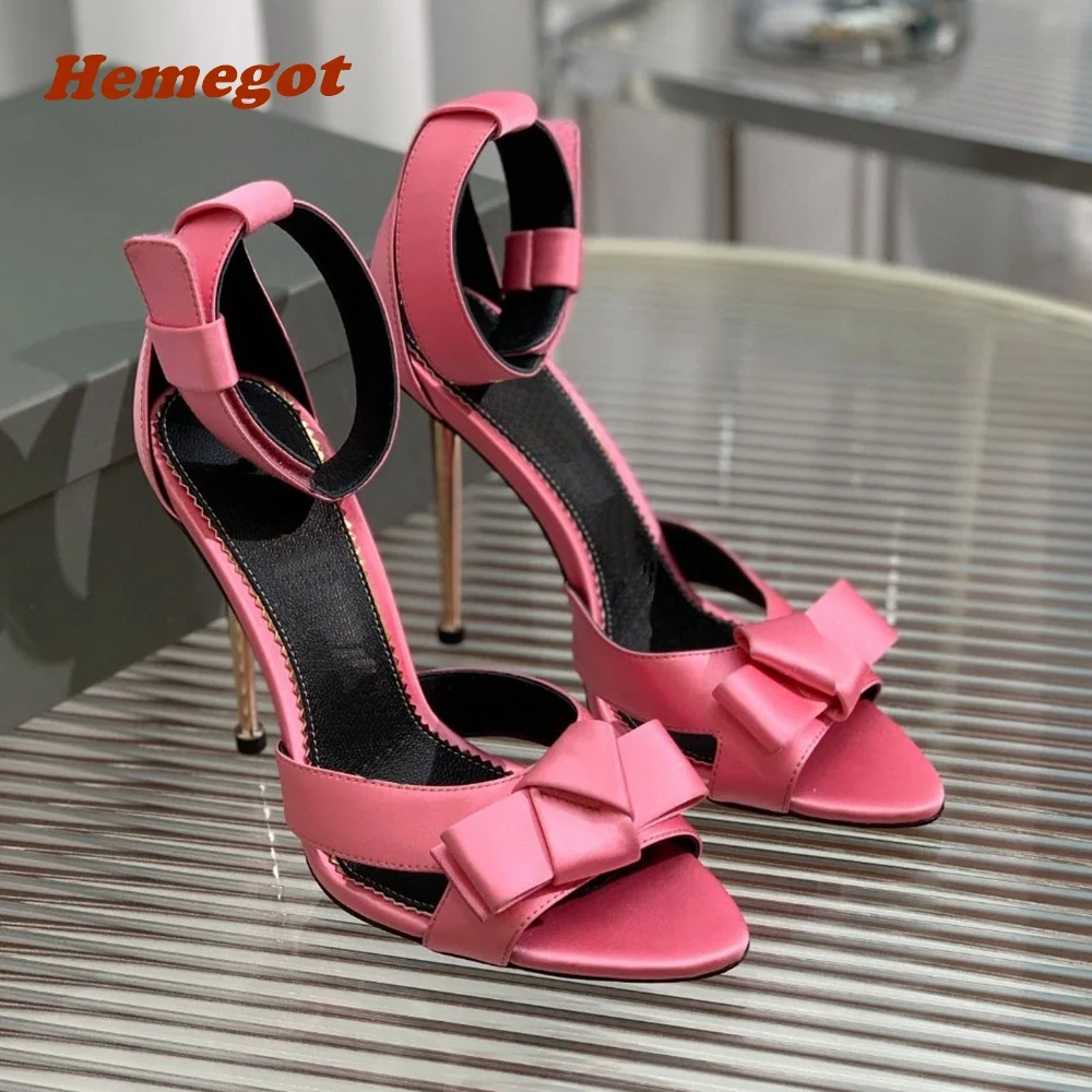 Purple Knot Satin Metal Heel Sandals 2023 New Peep Toe Stiletto Buckle Ankle Strap Women's Sandals Summer Party Runway Shoes