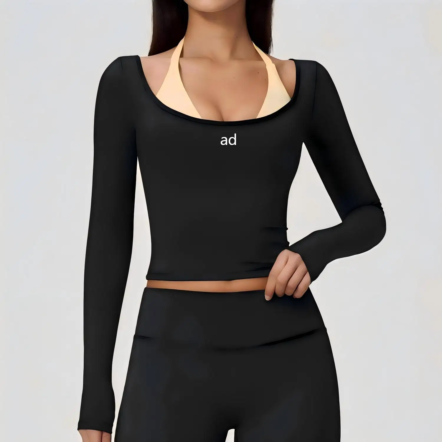 New Fake Two piece Yoga Top - Strap Hanging Neck Tight Waist, Quick drying Breathable Fitness Long Sleeve