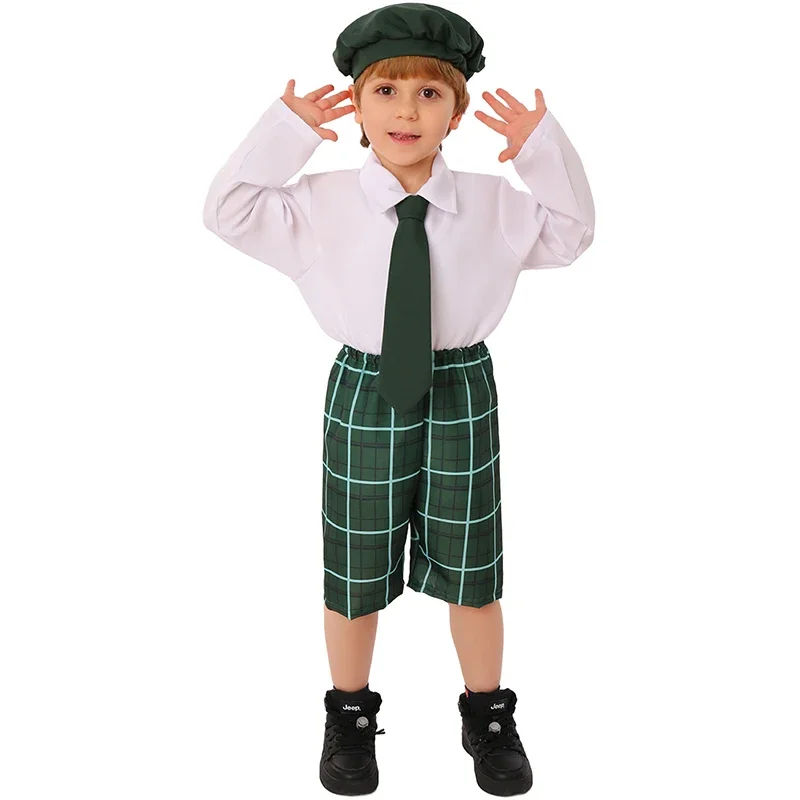 

2024 Child Scottish Irish Tartan Pants Hat Tie Set School Uniform Boy's St. Patrick's Day Costume