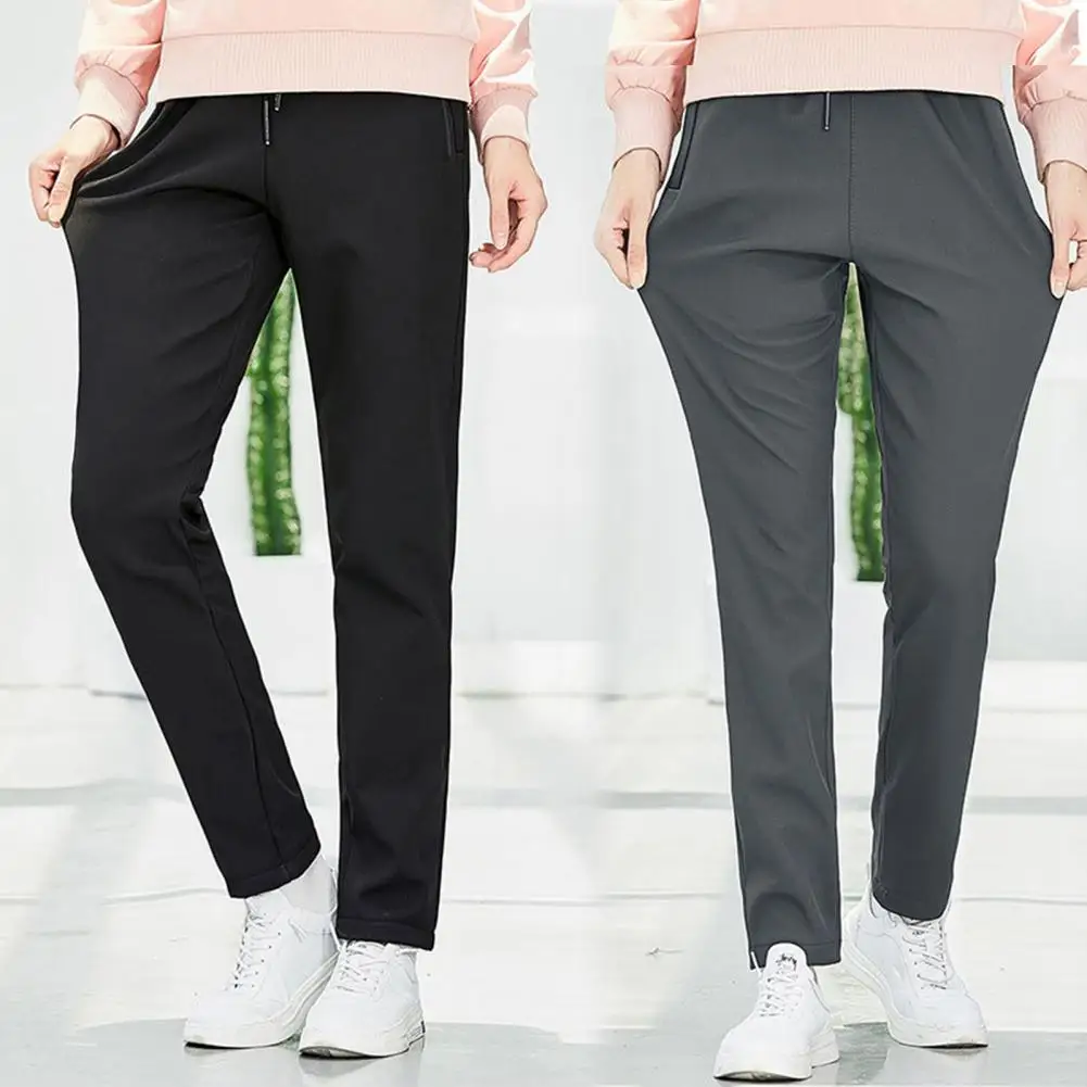 Outdoor Punching Pants Waterproof Windproof Drawstring Design Men Pants Fleece-lined Thickened Straight Fit Pants