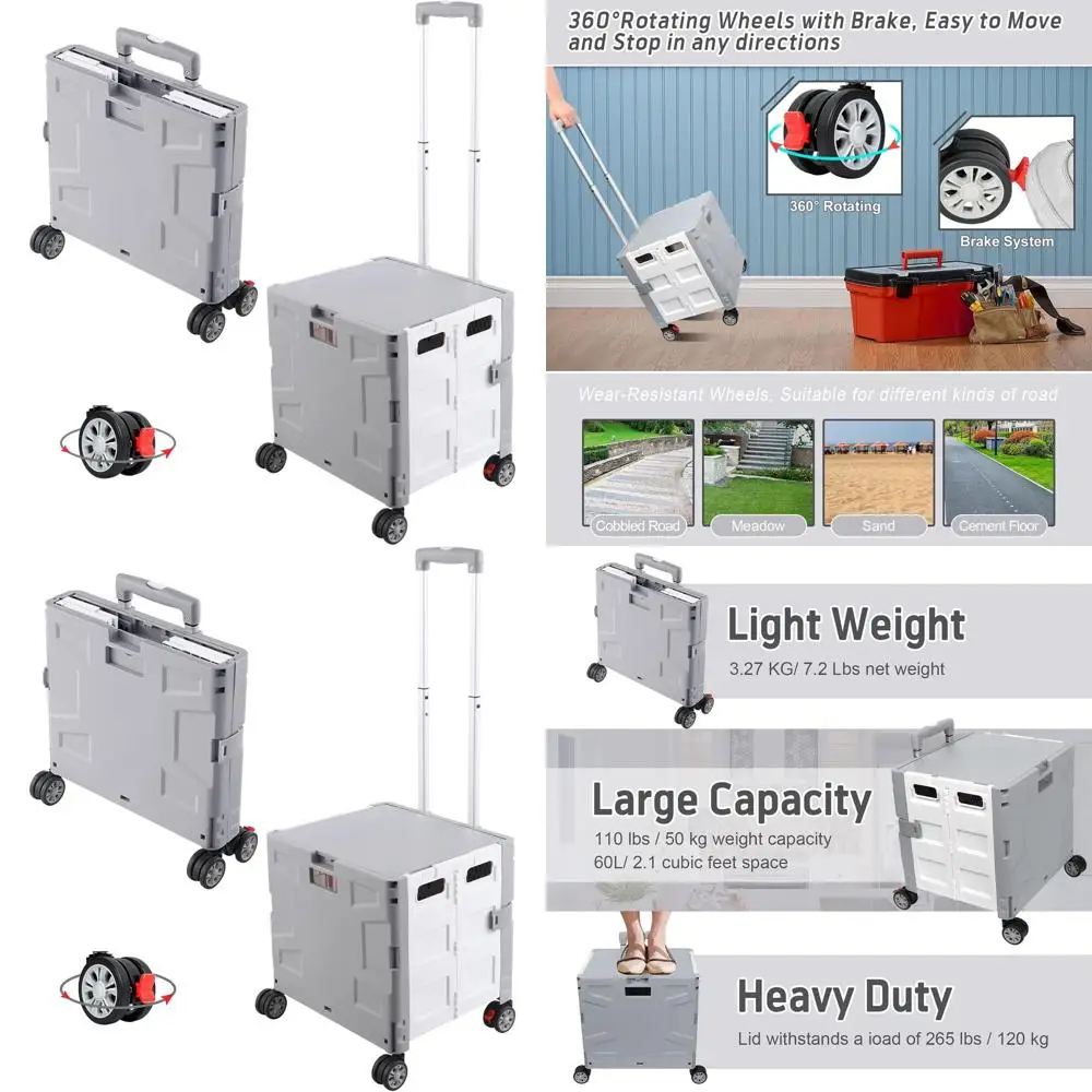 

Portable Folding Utility Cart with Telescoping Handle, Collapsible Lid, and 4-Wheel Mobility for Various Uses