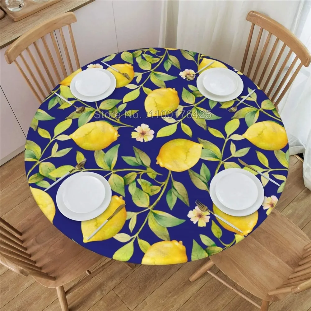 Lemon Elastic Edged Round Fitted Table Cloth,Farm Fruit Waterproof Table Cover Tablecloth Indoor Outdoor Kitchen Holiday Party