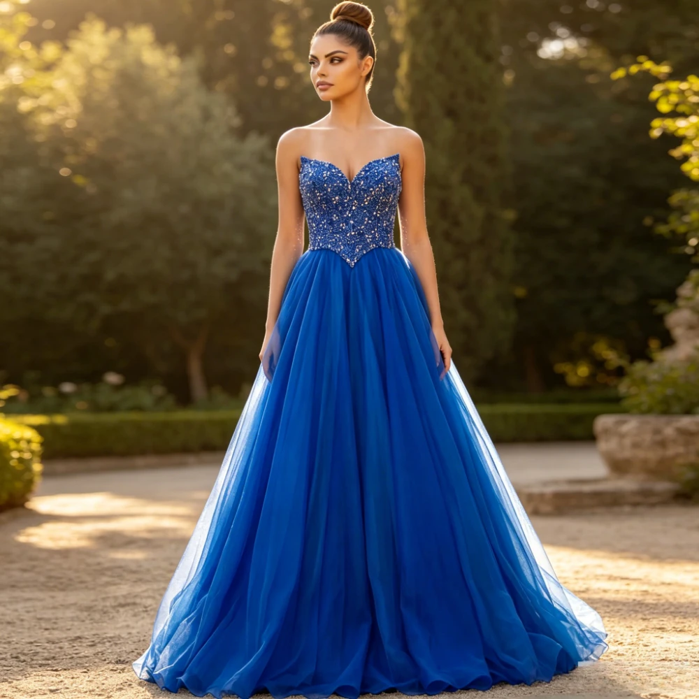 Luxury Crystal Tulle A-line Floor Length Gowns Customized Sleeveless Evening Dresses Women's Sweetheart Neck Graduation Dress
