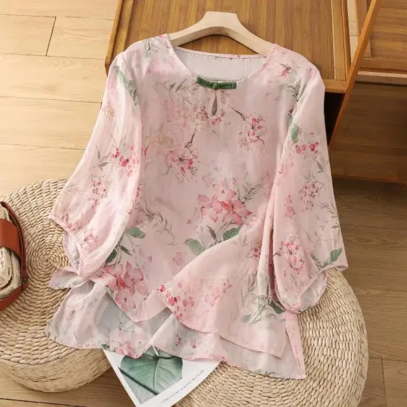 

Женская винтажная льняная блузка с цветочным принтом, на пуговицах-лягушках, с рукавом 3/4, повседневный топ