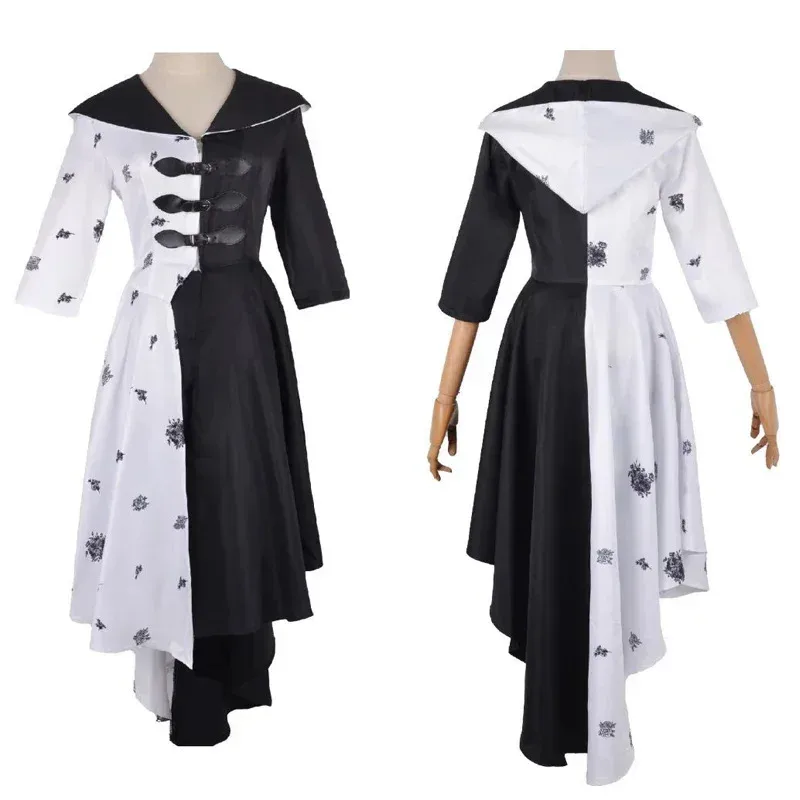 Cosjie Cruella De Vil Cosplay Costume Women Gown Black White Maid Dress With Gloves Hoodie Skirt Wigs Outfits Halloween Party Co