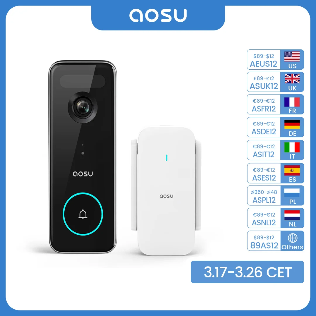 AOSU 5MP Ultra HD WiFi Video Doorbell Outdoor Camera PIR Motion Detection 2-Way Audio IP66 Wireless