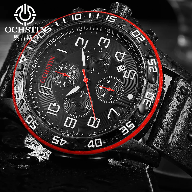 OCHSTIN Genuine Leather Strap Wristwatch Man Quartz Movement Watches Men‘s Mineral Hardened Glass Clock Male Waterproof Watch