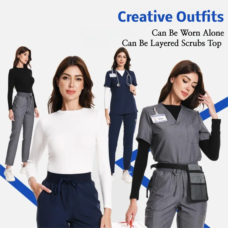 KUNGFU SCRUBS Womens Seamless Underscrub Slim Fited Highly Elastic Modal Undershirt Round Neck Long Sleeve Base Layer Top