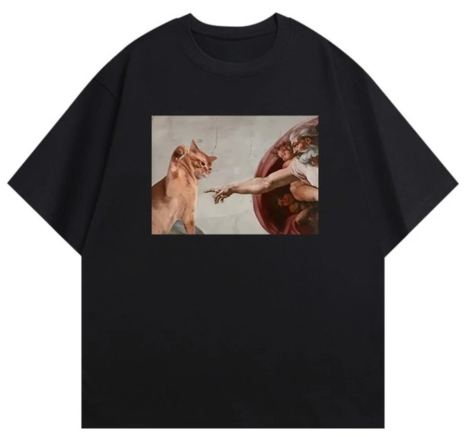 

Футболка «Не близко со мной» God reaches Out to Touch the Cat Забавная летняя одежда с короткими рукавами и короткими рукавами 2025 года, новая забавная хлопковая свободная одежда с котом.