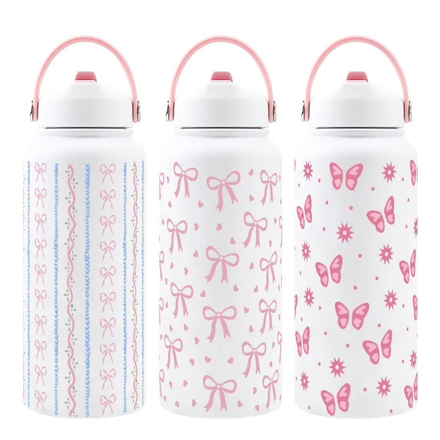 

Kawaii Bow Insulated Cup Stainless Steel Mug With Straw Lid Printed Bow Coffee Cups Leak-Proof Vacuum Flask Thermal Water Bottle