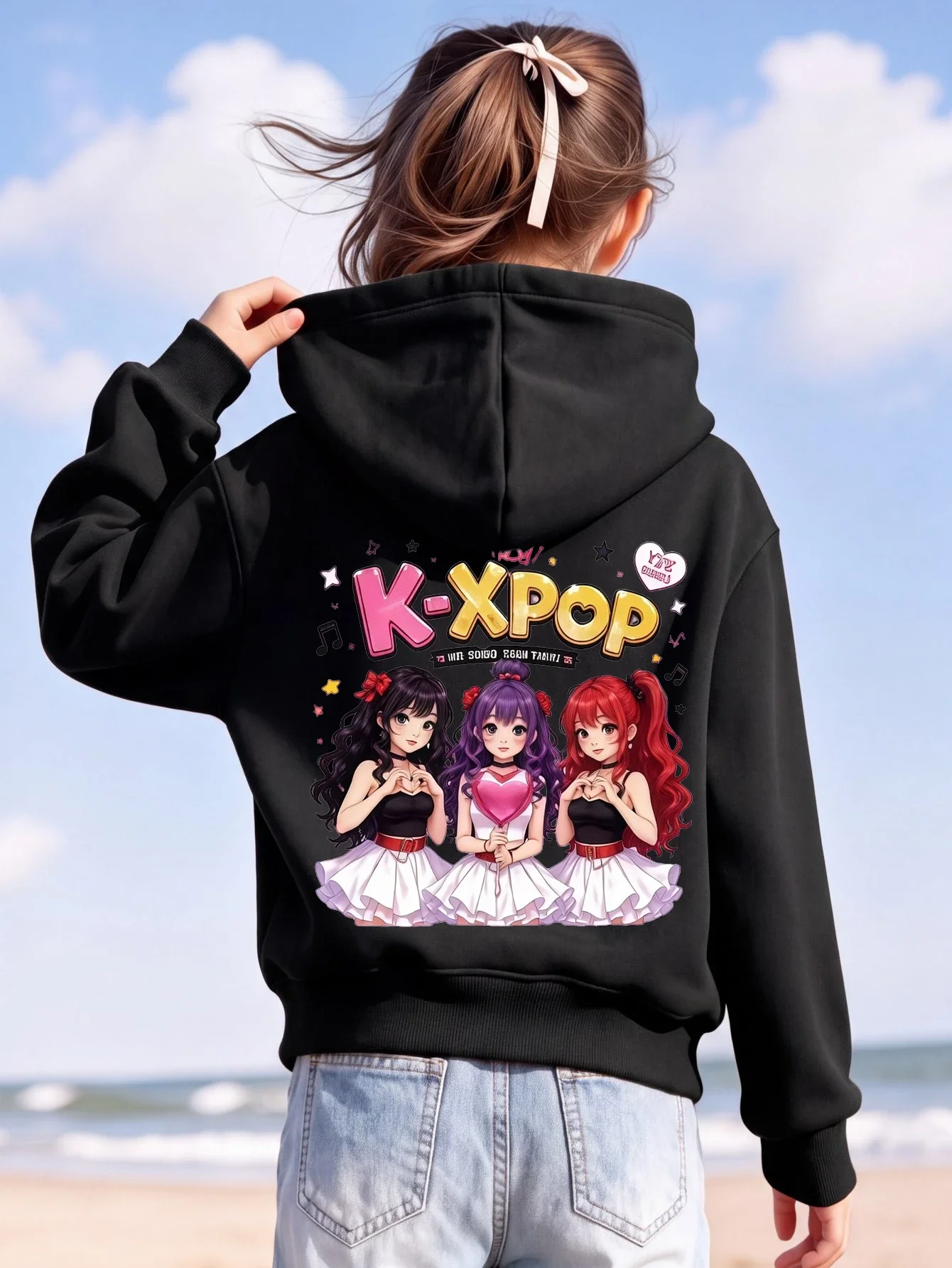 Kids Girls K-Pop Music Graphic Hoodie Black Printed Dance Sweatshirt School Clothes Birthday Present Autumn Winter Tops