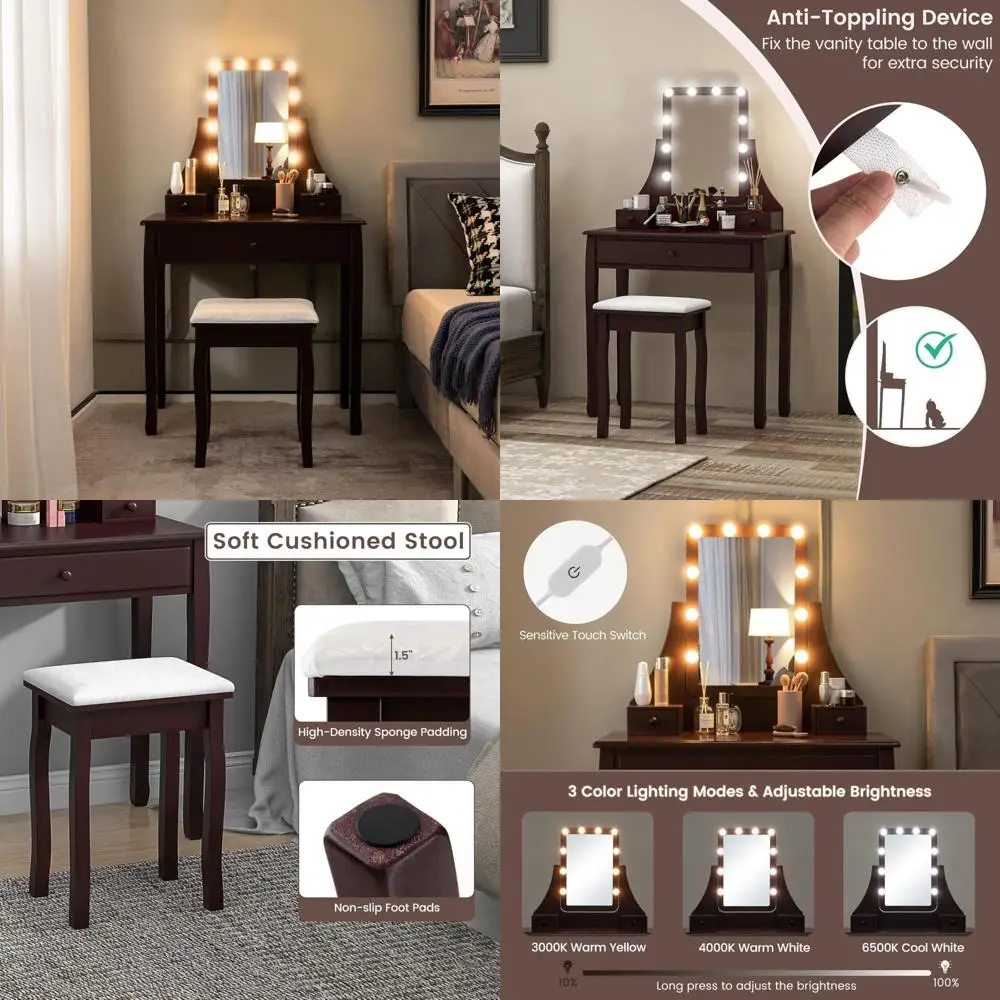 Illuminated Makeup Vanity Desk with Adjustable Lighting, 3 Drawers, and Removable Dividers